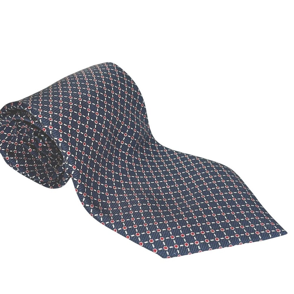 Lauren Ralph Lauren 100% Silk Mens Tie Navy Red White Geometric‎ Made In USA